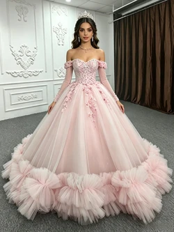 Pink Tulle Long Sleeve Appliques Quinceanera Dress