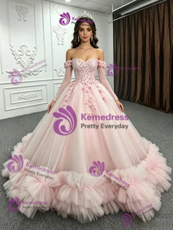 Pink Tulle Long Sleeve Appliques Quinceanera Dress
