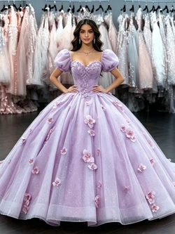 Purple Tulle Puff Sleeve Flower Quinceanera Dress