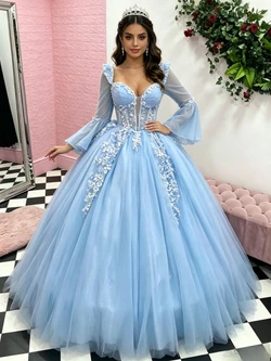 Blue Tulle Long Sleeve Appliques Quinceanera Dress