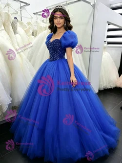 Royal Blue Tulle Puff Sleeve Quinceanera Dress