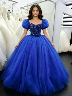 Royal Blue Tulle Puff Sleeve Quinceanera Dress