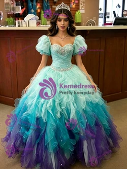 Blue Tulle Strapless Beading Quinceanera Dress