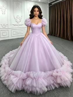 Purple Tulle Puff Sleeve Quinceanera Dress