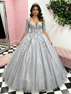 Silver Gray Tulle Short Sleeve Appliques Quinceanera Dress