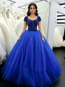 Royal Blue Tulle Short Sleeve Beading Quinceanera Dress