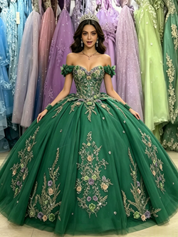Green Tulle Off the Shoulder Appliques Quinceanera Dress