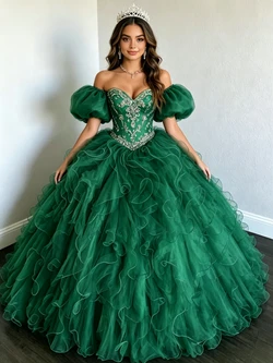 Green Tulle Off the Shoulder Puff Sleeve Beading Quinceanera Dress