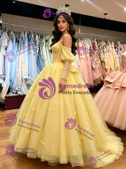 Yellow Tulle Long Sleeve Butterfly Quinceanera Dress