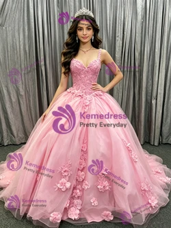 Pink Tulle Straps Flower Quinceanera Dress