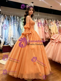 Orange Tulle Long Sleeve Butterfly Quinceanera Dress