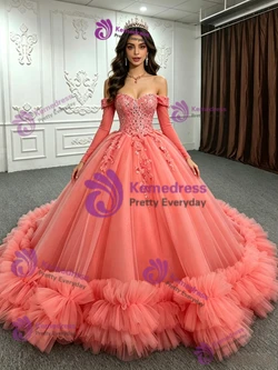 Watemelon Red Tulle Long Sleeve Quinceanera Dress