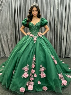 Green Tulle Puff Sleeve Flower Quinceanera Dress
