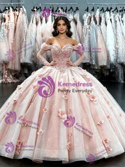 Pink Tulle Long Sleeve Flower Quinceanera Dress