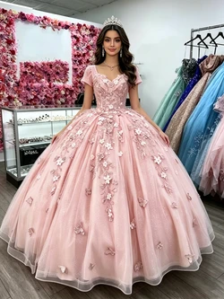 Pink Tulle Short Sleeve Appliques Quinceanera Dress