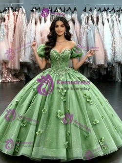 Green Tulle Puff Sleeve Flower Quinceanera Dress