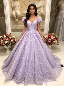 Purple Lace Puff Sleeve Quinceanera Dress