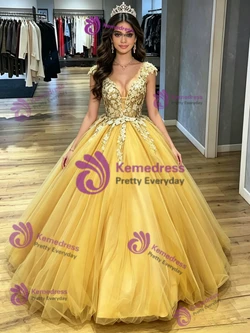 Yellow Tulle V-neck Appliques Quinceanera Dress