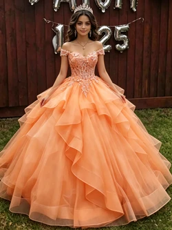 Orange Tulle Straps Appliques Quinceanera Dress