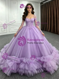 Purple Tulle Long Sleeve Lace Quinceanera Dress