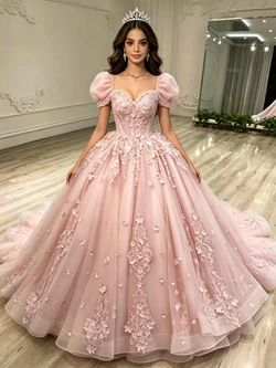 Pink Tulle Puff Sleeve Appliques Quinceanera Dress