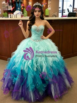 Blue Tulle Strapless Beading Quinceanera Dress