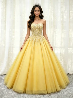Yellow Tulle Strapless Beading Quinceanera Dress