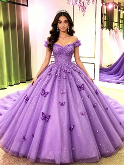 Purple Tulle Off the Shoulder Quinceanera Dress