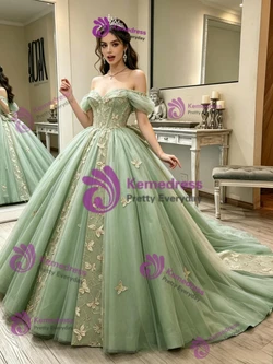 Green Tulle Off the Shoulder Butterfly Quinceanera Dress