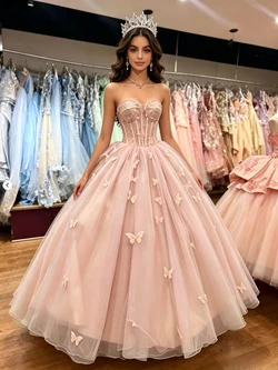 Pink Tulle Strapless Butterfly Quinceanera Dress