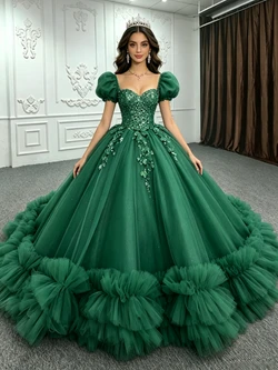 Green Tulle Puff Sleeve Appliques Quinceanera Dress