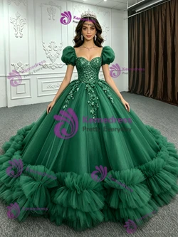 Green Tulle Puff Sleeve Appliques Quinceanera Dress