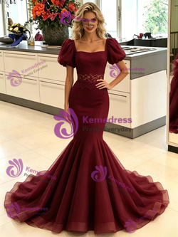 Burgundy Mermaid Puff Sleeve Prom Dress