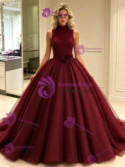 Burgundy High Neck Flower Prom Dress