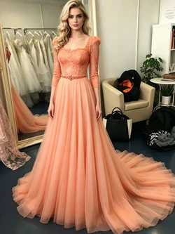Orange Tulle Lace Short Sleeve Prom Dress