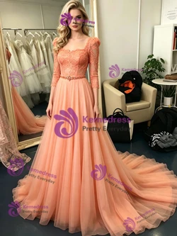 Orange Tulle Lace Short Sleeve Prom Dress