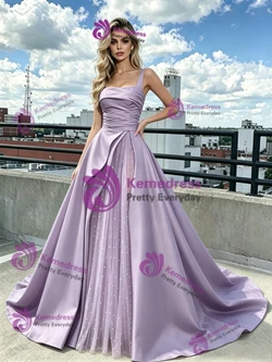 Purple Tulle Satin Straps Prom Dress