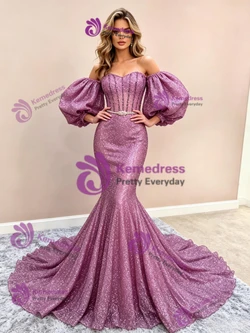 Purple Mermaid Sequins Puff Sleeve Prom Dress