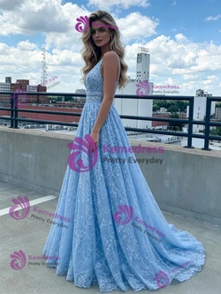 Blue Deep V-neck Lace Prom Dress