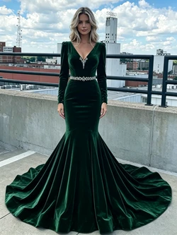 Burgundy Mermaid Velvet V-neck Prom Dress