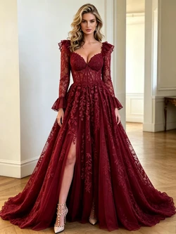 Burgundy Lace Long Sleeve Split Prom Dress