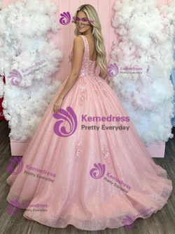 Pink Tulle Straps Appliques Prom Dress