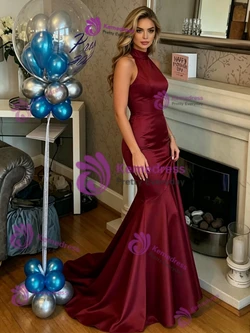 Burgundy Mermaid Satin Halter Prom Dress