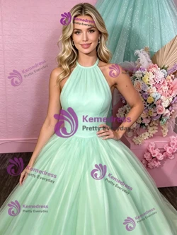 Green Tulle Halter Backless Prom Dress