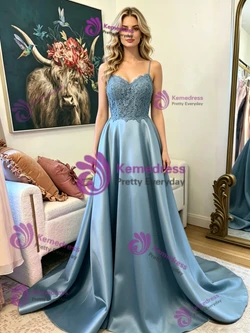 Blue Satin Spaghetti Straps Lace Prom Dress