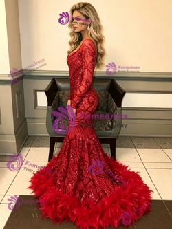 Red Mermaid Sequins Long Sleeve Prom Dress