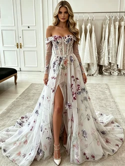 White Tulle Puff Sleeve Split Prom Dress