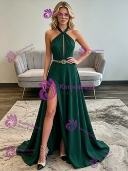 Green Halter Split Pleats Prom Dress