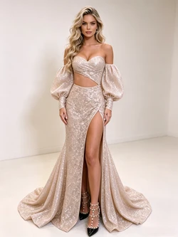 Gold Mermaid Sequins Long Sleeve Prom Dress