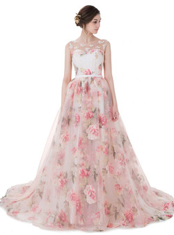New Arrival Sexy Pink Chiffon Print Backless With Pearls Wedding Dress